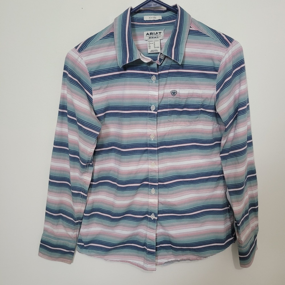 Ariat Medium Re-AL Striped Western Button Down Shirt Womens Blue Pink Fitted
